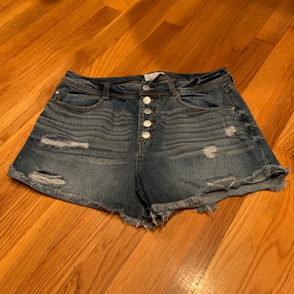 High Waisted Distressed Button Fly Jean Shorts